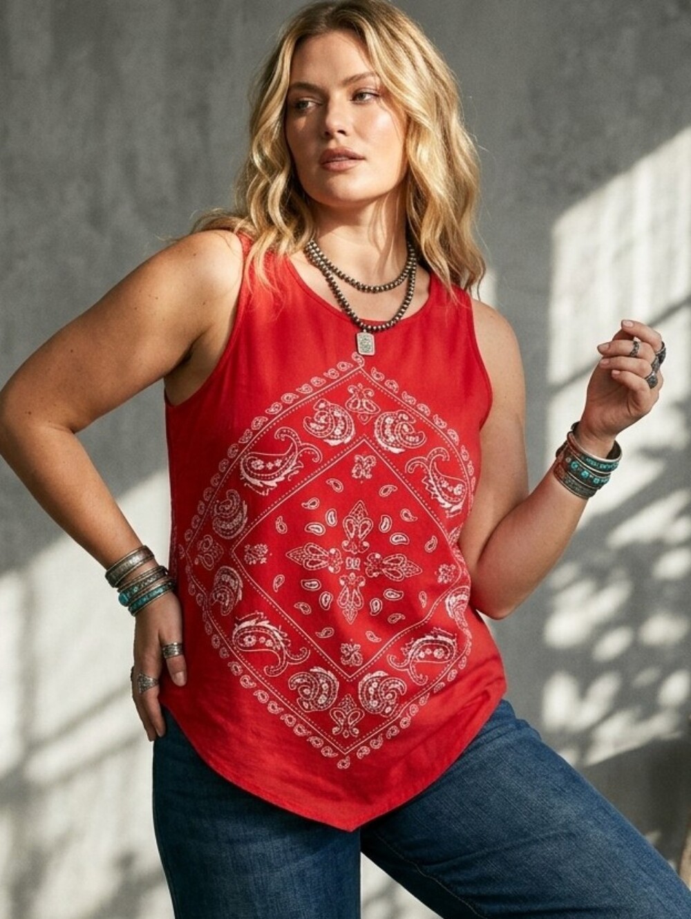 SHEIN Red Bandana Print Tank Top Y2K Western Hanky Hem Cowgirl Festival Small